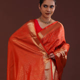 Vivid Auburn Red Kanjivaram Silk Saree With Checks Pattern