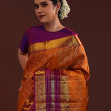 Orange Copper Kanjivaram Silk Saree With Contrast Border