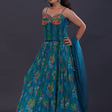 Cerulean Blue Georgette Floral Printed Lehenga Set