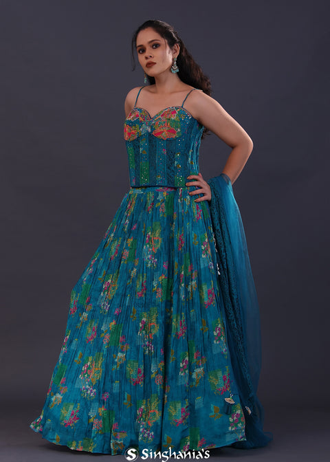 <img> Cerulean Blue Georgette Floral Printed Lehenga Set