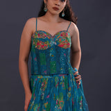 Cerulean Blue Georgette Floral Printed Lehenga Set