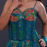 Cerulean Blue Georgette Floral Printed Lehenga Set