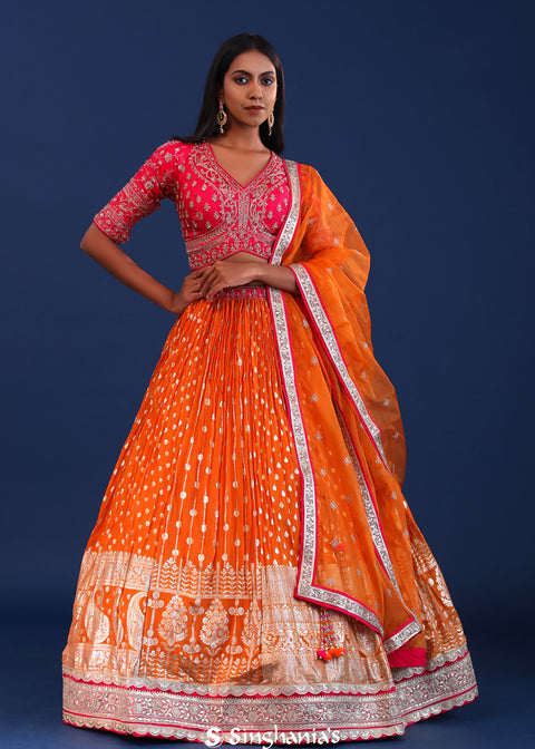 <img> Orange And Pink Banarsi Silk Lehenga Set