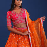 Orange And Pink Banarsi Silk Lehenga Set