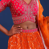 Orange And Pink Banarsi Silk Lehenga Set