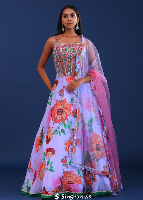 <img> Sky Blue Organza Floral Lehenga Set 