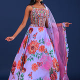 Sky Blue Organza Floral Lehenga Set