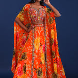 Bright Orange Crepe Floral Lehenga Set