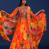 Bright Orange Crepe Floral Lehenga Set