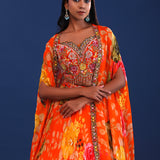 Bright Orange Crepe Floral Lehenga Set