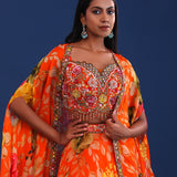Bright Orange Crepe Floral Lehenga Set