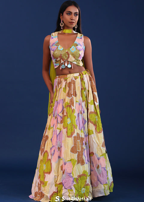 <img> Multicolour Chinon Georgette Floral Lehenga Set