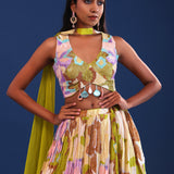 Multicolour Chinon Georgette Floral Lehenga Set