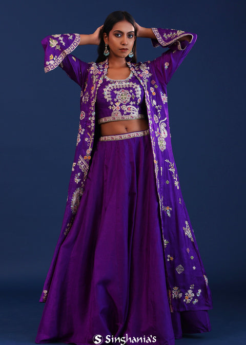 <img> Royal Purple Crepe Silk Embroidered Lehenga Set