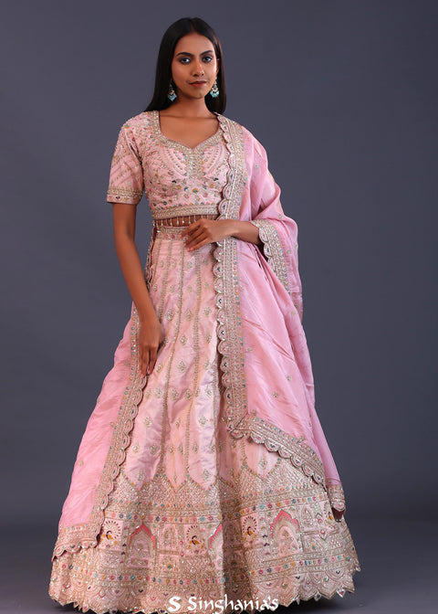 <img> Pastel Pink Crepe Silk Sequin Work Lehenga Set