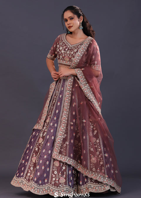 <img> Dusty Lavender Tissue Silk Embroidered Lehenga Set