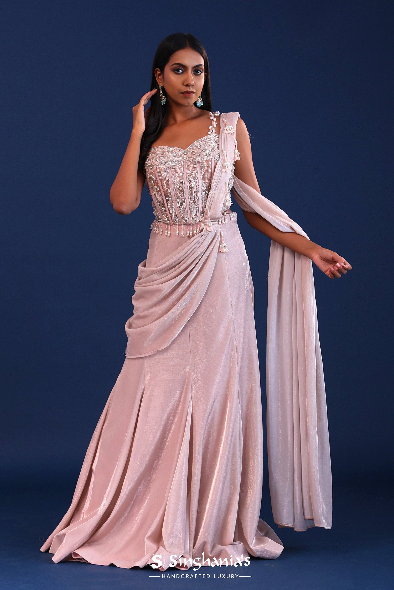 Light Pastel Pink Soft Shimmer Drape Saree