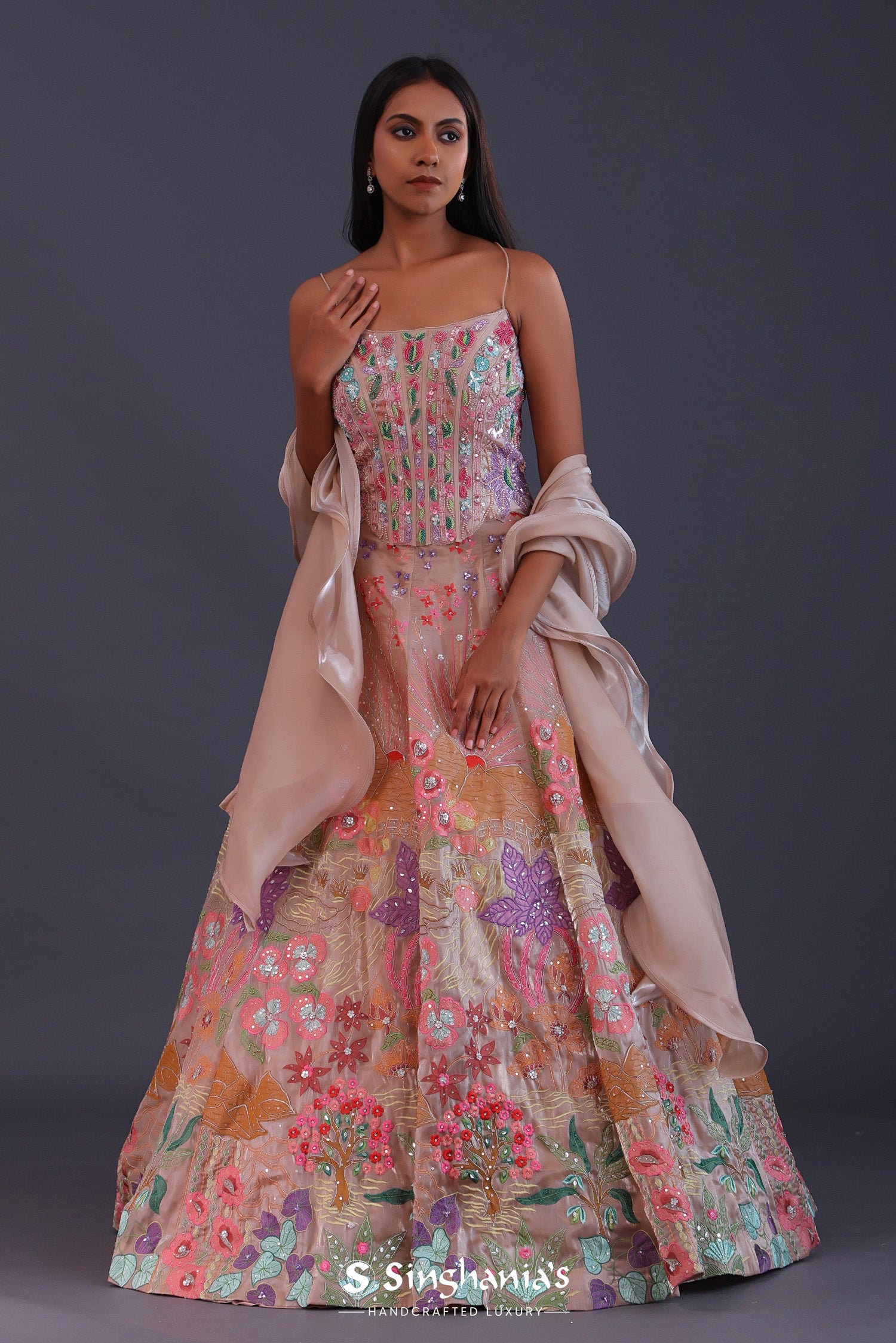 Pastel Pink Organza Floral Thread Work Lehenga Set