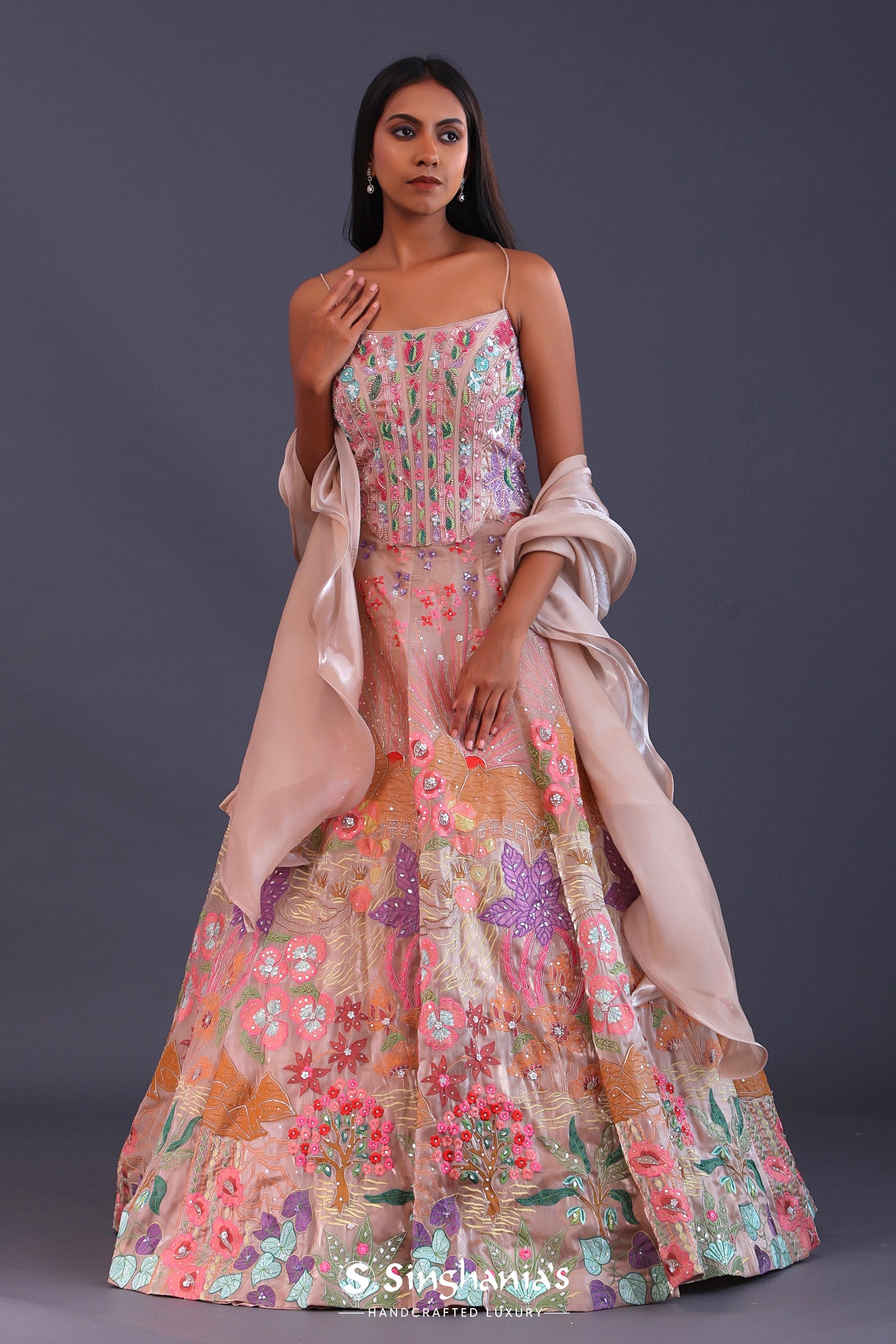 Pastel Pink Organza Floral Thread Work Lehenga Set