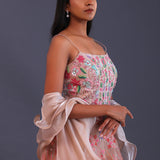 Pastel Pink Organza Floral Thread Work Lehenga Set