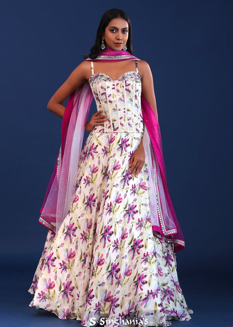 <img> White And Pink Crepe Silk Floral Lehenga Set