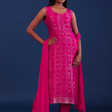 Rich Pink Banarsi Silk Kurti Set