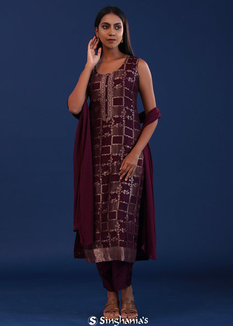 <img> plum purple banarsi silk kurti set