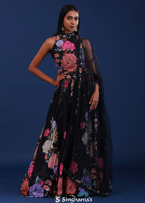 <img> Black Organza Floral Lehenga Set