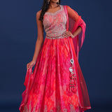 Pink And Orange Organza Bandhani Printed Lehenga Set