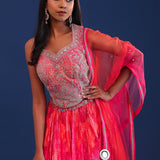Pink And Orange Organza Bandhani Printed Lehenga Set