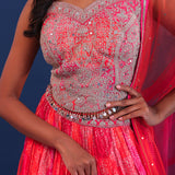 Pink And Orange Organza Bandhani Printed Lehenga Set