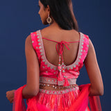 Pink And Orange Organza Bandhani Printed Lehenga Set