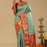 Mint Green Kanjivaram Silk Saree With Checks Pattern