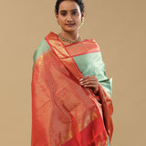 Mint Green Kanjivaram Silk Saree With Checks Pattern