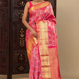 Rich Carmine Pinkish Red Kanjivaram Silk Saree With Contrast Border
