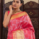 Rich Carmine Pinkish Red Kanjivaram Silk Saree With Contrast Border