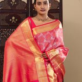 Rich Carmine Pinkish Red Kanjivaram Silk Saree With Contrast Border