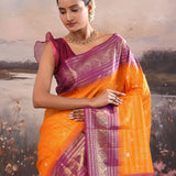 Pumpkin Orange Kanjivaram Silk Saree With Contrast Border