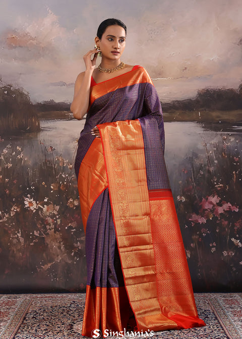 <img> Bleached Coral Purple Kanjivaram Silk Saree With Contrast Border