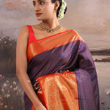 Bleached Coral Purple Kanjivaram Silk Saree With Contrast Border