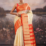 Desert Sand Beige Kanjivaram Kora Tissue Saree With Peacock Motifs
