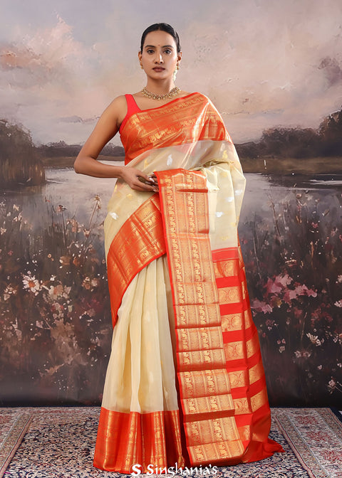 <img> Desert Sand Beige Kanjivaram Kora Tissue Saree With Peacock Motifs