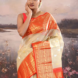 Desert Sand Beige Kanjivaram Kora Tissue Saree With Peacock Motifs