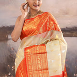 Desert Sand Beige Kanjivaram Kora Tissue Saree With Peacock Motifs