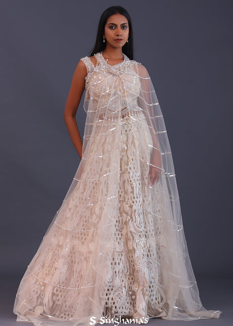 <img> Pastel Cream Net Embroidered Lehenga Set