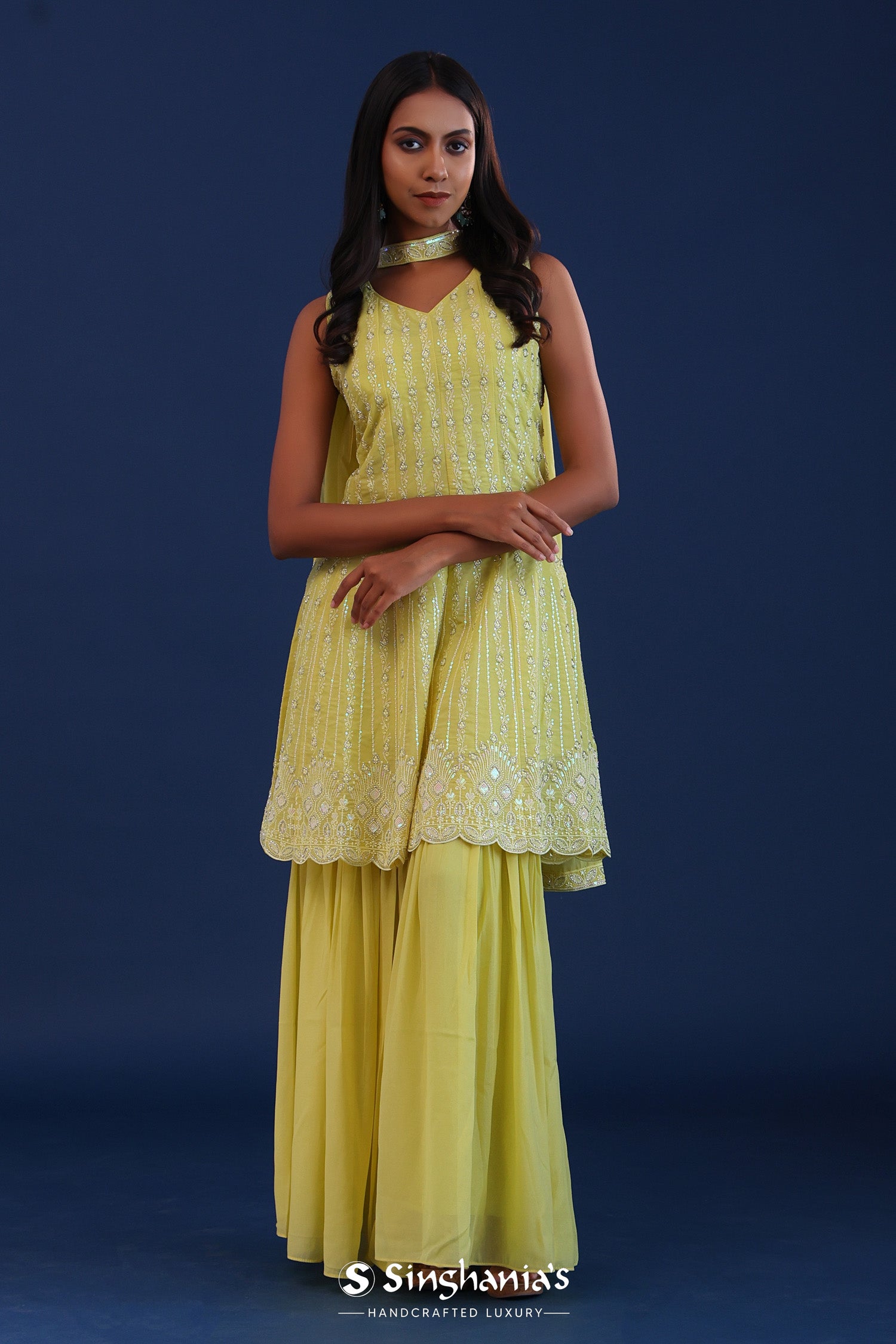 Soft Lime Green Georgette Sequence Embroidered Sharara Set