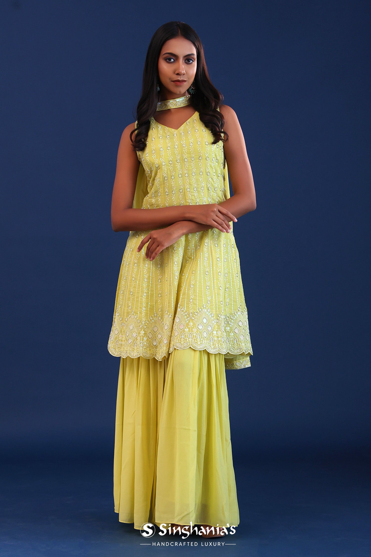 Soft Lime Green Georgette Sequence Embroidered Sharara Set