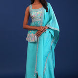 Aqua Green Georgette Embroidered Indo-Western Set