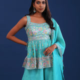Aqua Green Georgette Embroidered Indo-Western Set