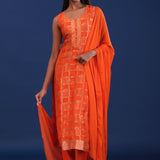 Bright Orange Banarsi Silk Kurti Set